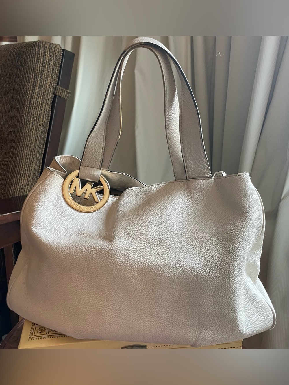 Michael Kors Fulton Cream/Ivory Pebbled Leather Tote with Gold MK